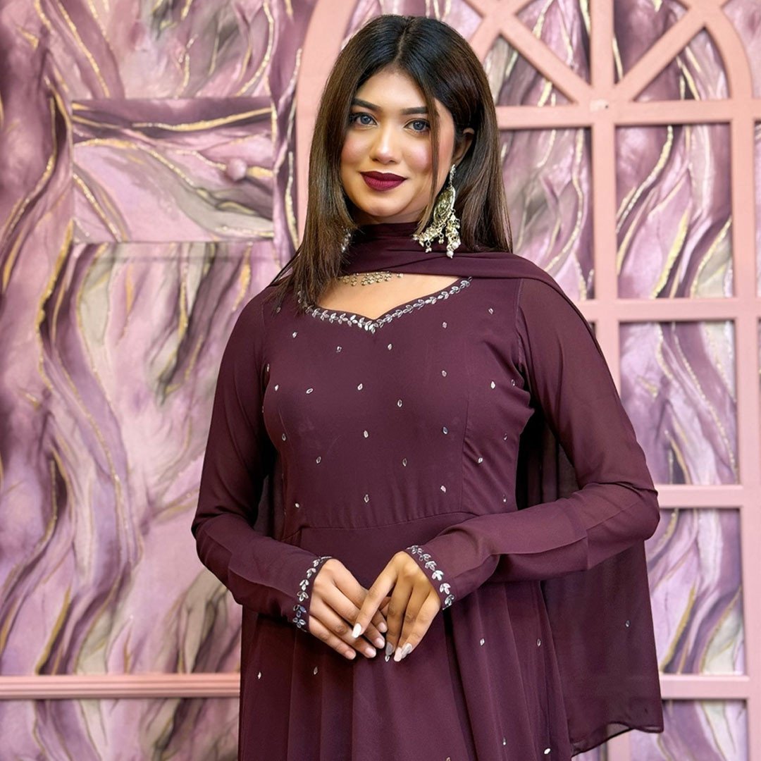 লং গাউন – শিফন জর্জেটে মিরর ওয়ার্ক স্টাইলিশ আউটফিট